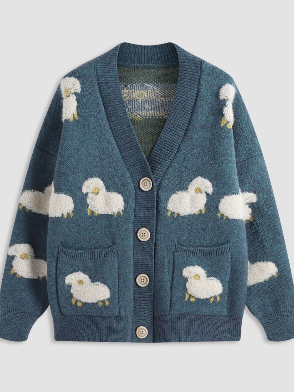 Cider Blue Sheep Intarsia Button Front Cardigan Size XL New